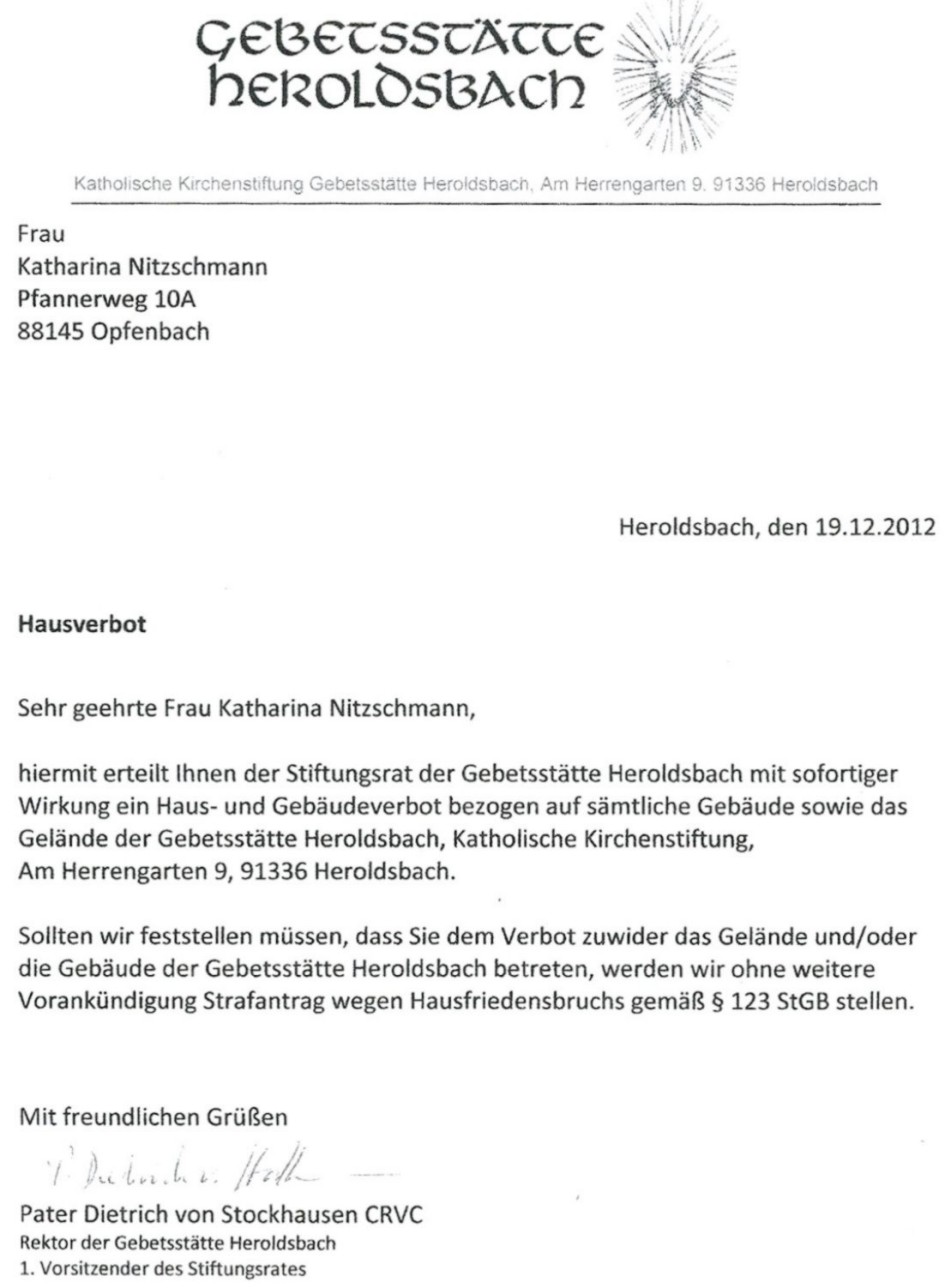 Anschreiben - Hausverbot fr Frau Nitzschmann
